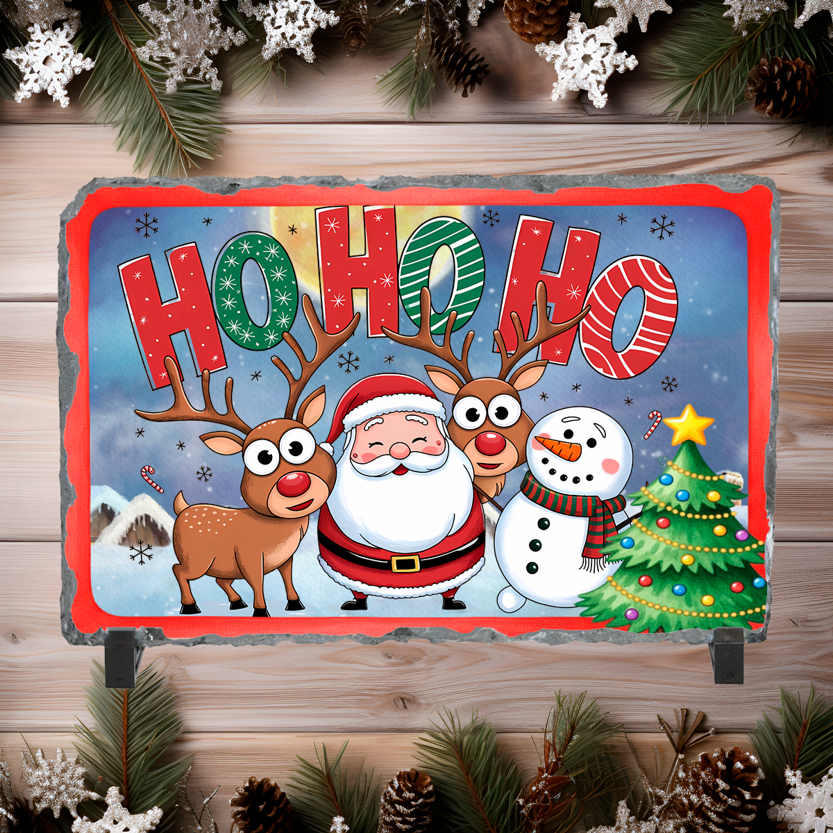 Decorative Christmas sign with Santa, reindeer, and snowman on a wooden background.