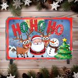 Decorative Christmas sign with Santa, reindeer, and snowman on a wooden background.