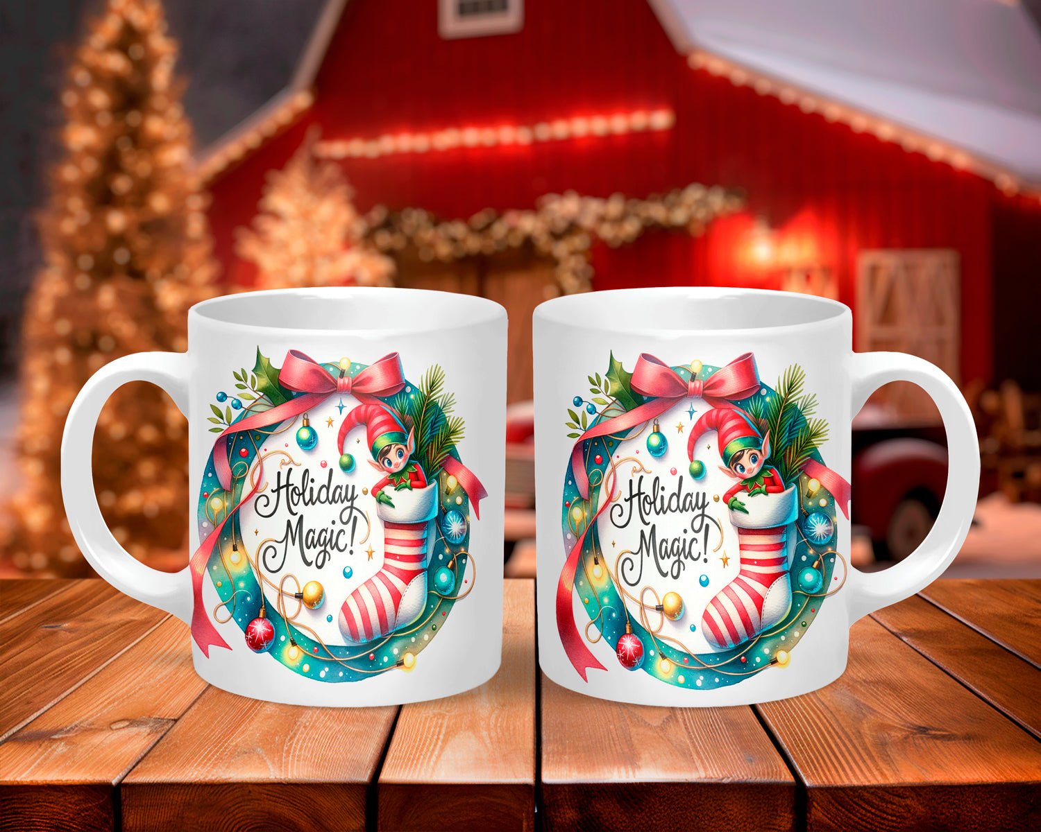 Two mugs with 'Holiday Magic' design on a wooden surface with festive background
