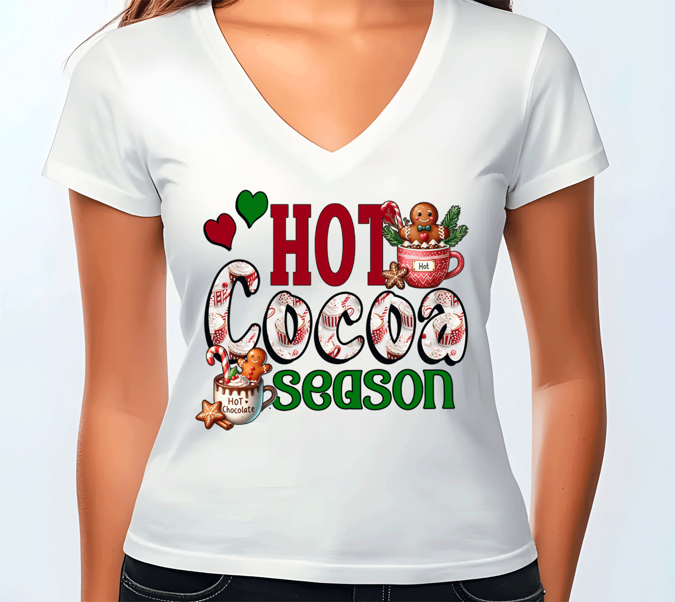 White t-shirt with 'Hot Cocoa Season' graphic design on a plain background