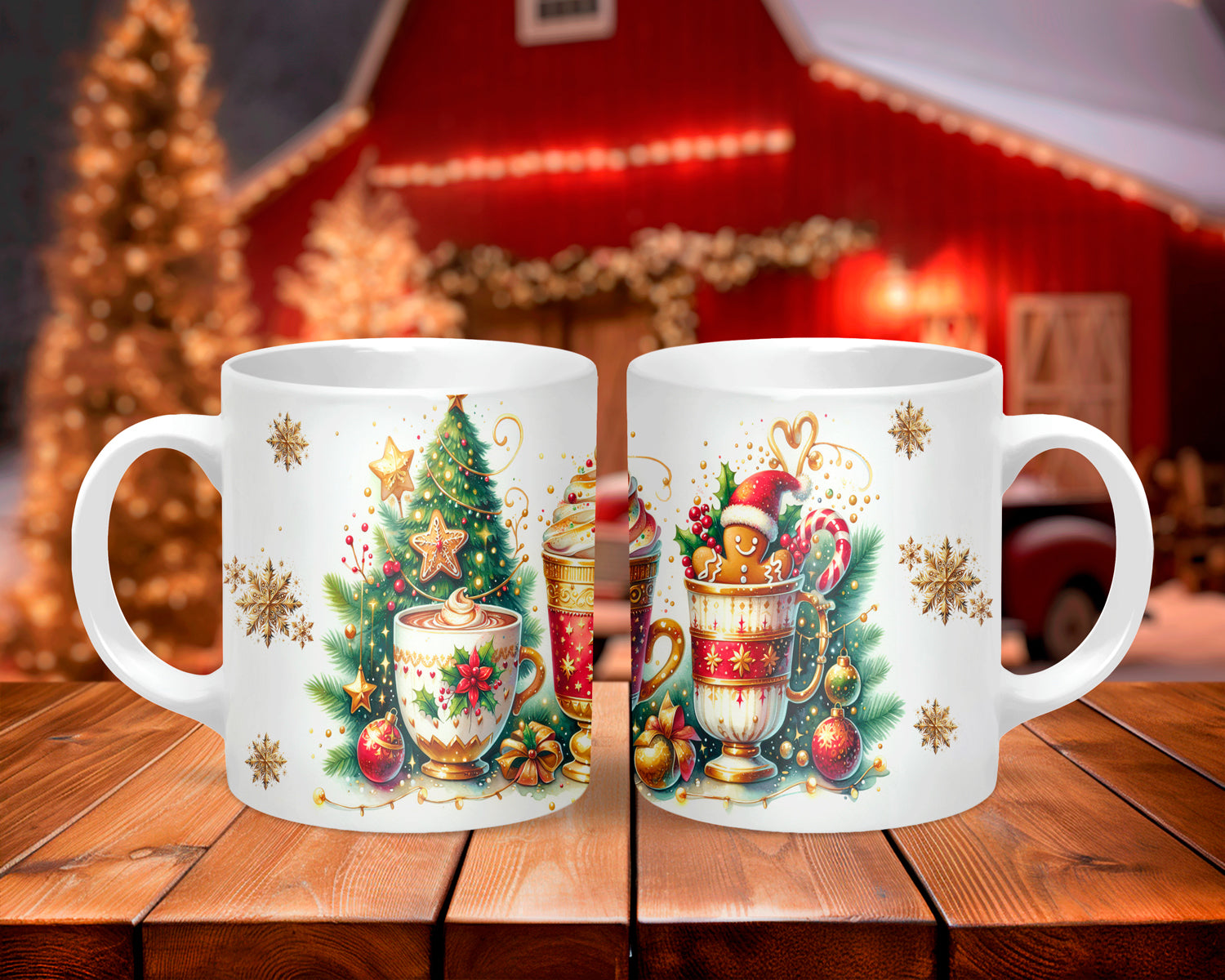 Two Christmas-themed mugs on a wooden table with a festive background.