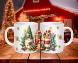 Two Christmas-themed mugs on a wooden table with a festive background.