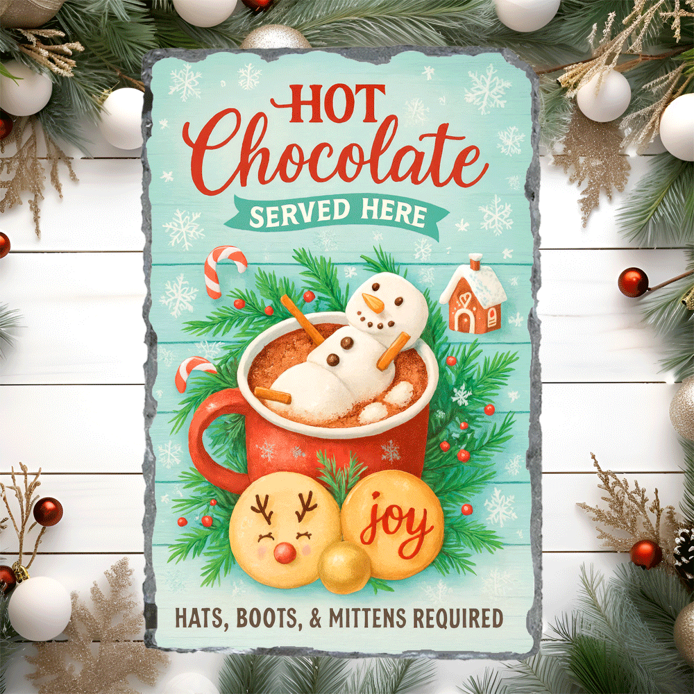 Decorative sign with a snowman in hot chocolate, surrounded by Christmas decorations.
