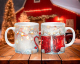 Two mugs with winter-themed designs on a wooden surface, with a festive background.