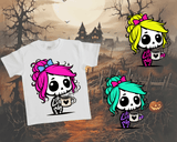 White t-shirt with a skeleton character design on a Halloween-themed background