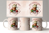 Four mugs with 'Hot Cocoa Vibes Only!' text and a hot chocolate illustration on a white background.