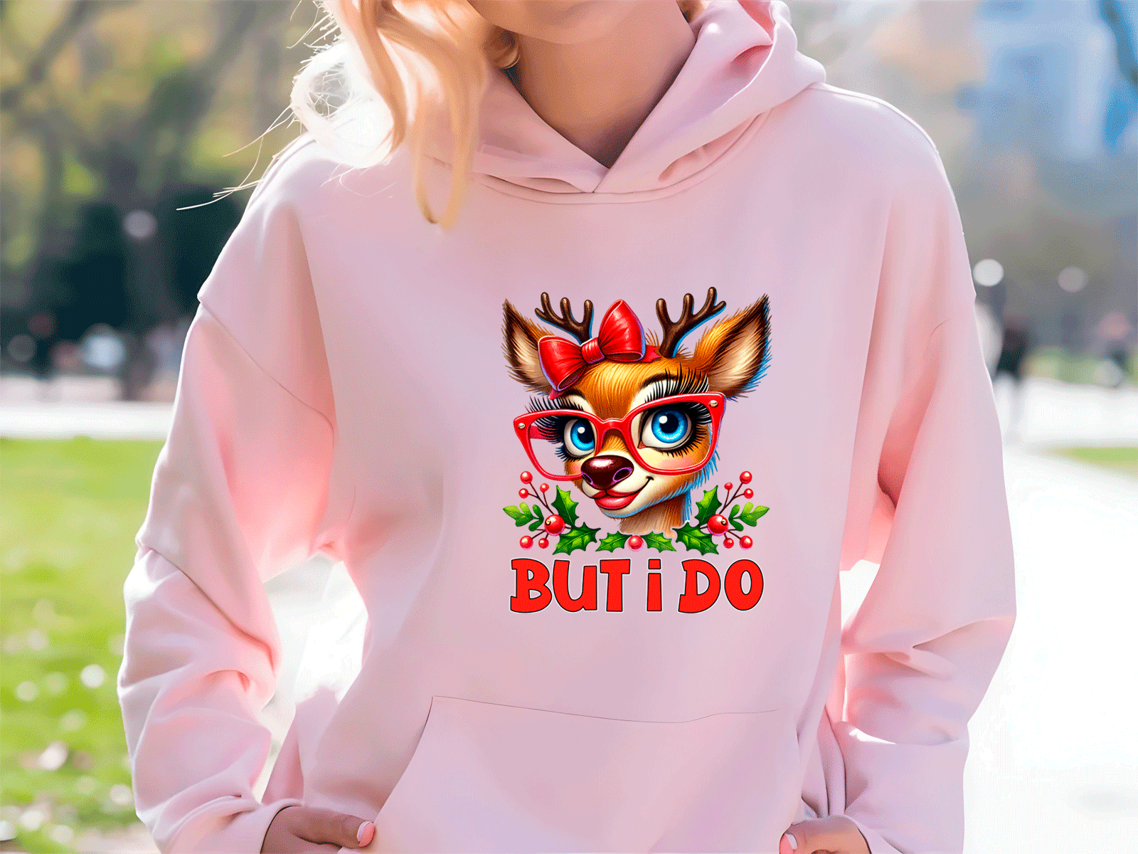 Person wearing a pink hoodie with a reindeer graphic and 'BUT I DO' text outdoors.