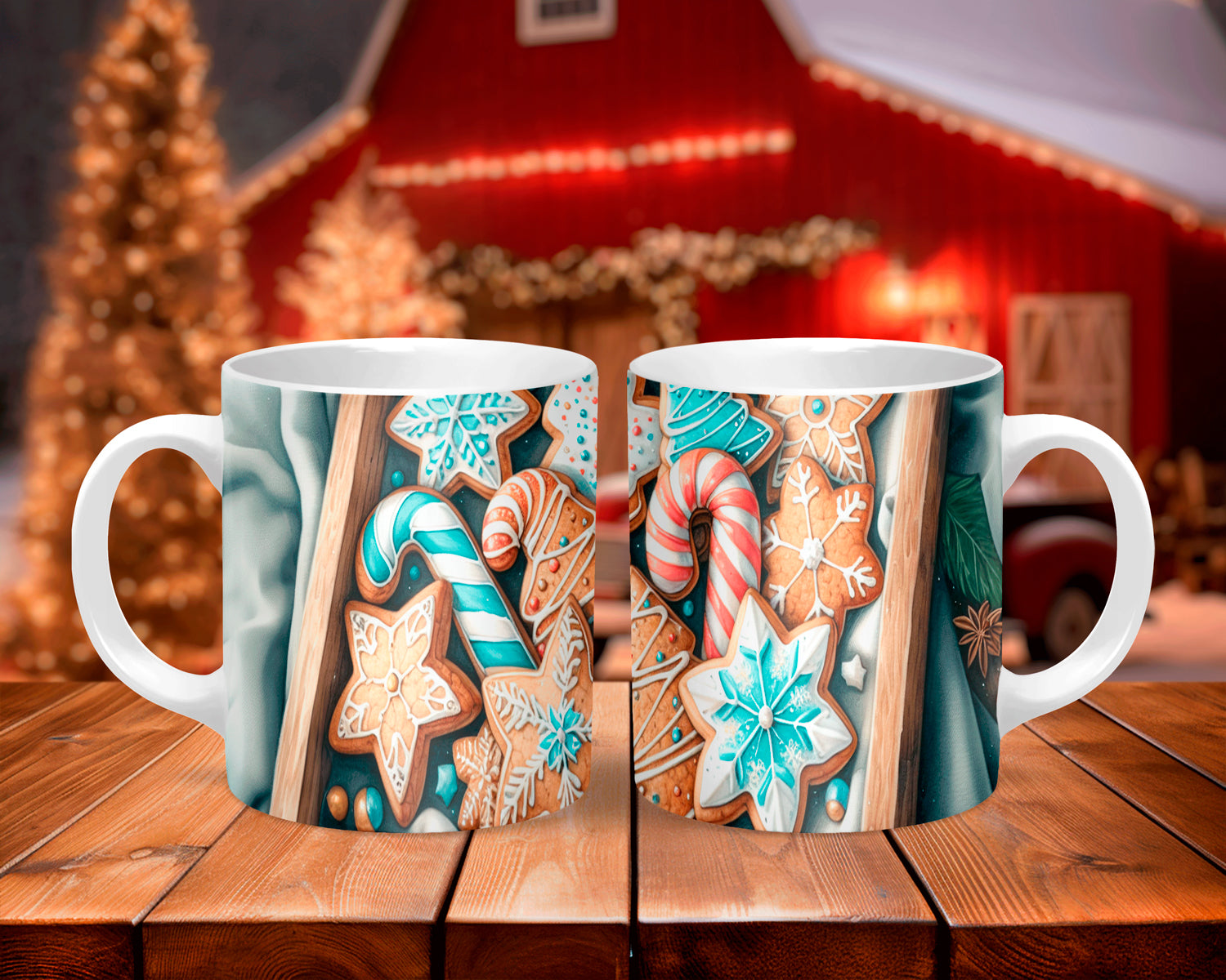 Two mugs with Christmas-themed designs of cookies and candy on a wooden table.