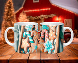 Two mugs with Christmas-themed designs of cookies and candy on a wooden table.