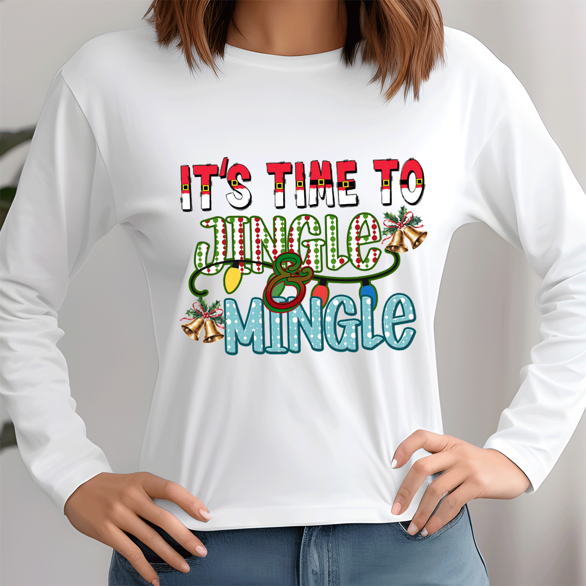 White sweatshirt with 'It's Time to Jingle & Mingle' text and festive design.