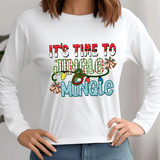 White sweatshirt with 'It's Time to Jingle & Mingle' text and festive design.