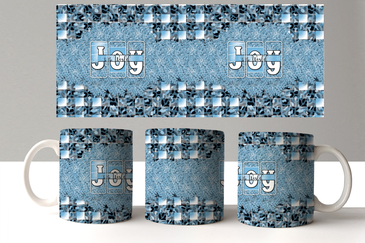Set of mugs with a blue and white pattern and 'JOY' text on a gray background