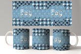 Set of mugs with a blue and white pattern and 'JOY' text on a gray background