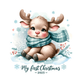 Illustration of a baby reindeer wearing a scarf with snowflakes and Christmas elements.