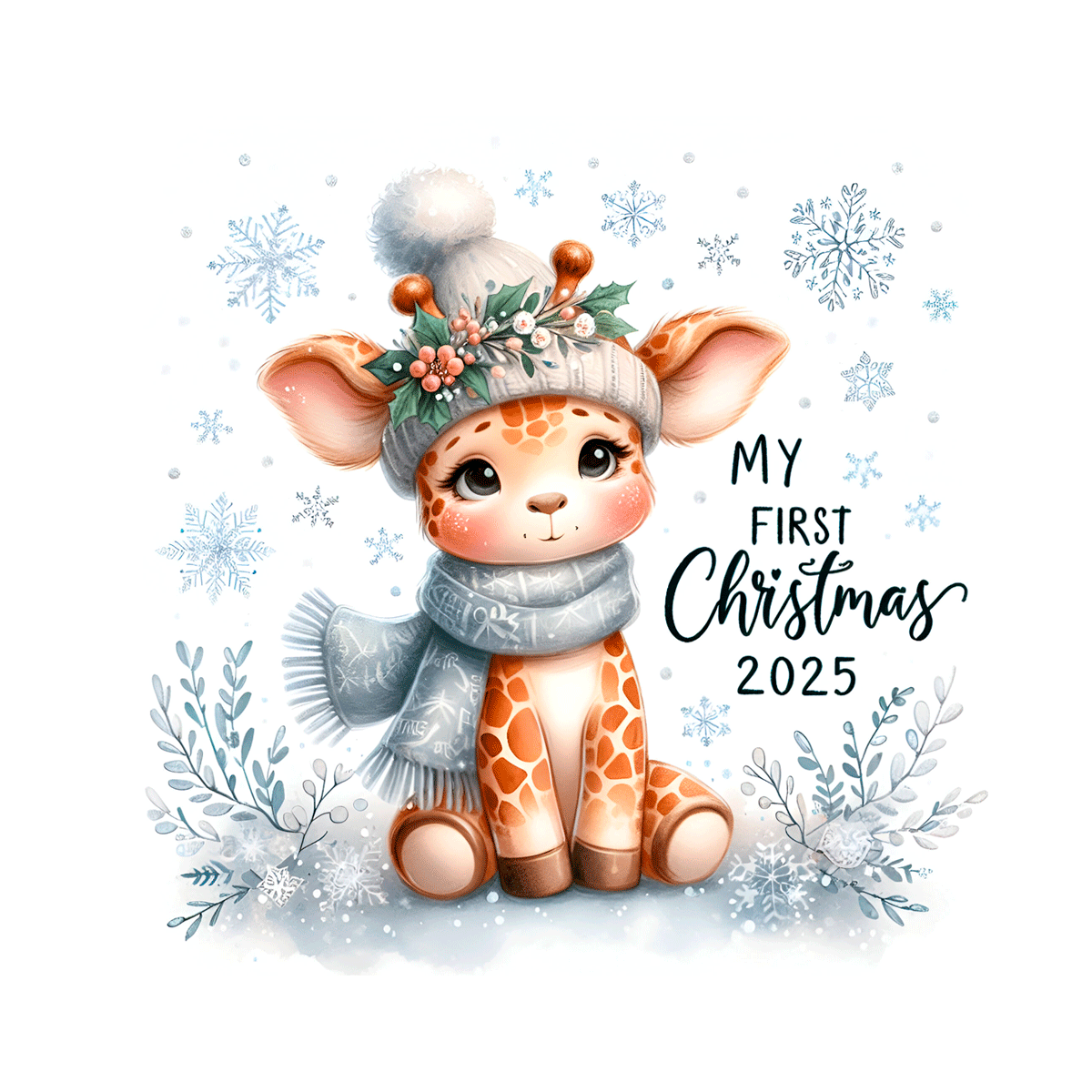 Illustration of a baby giraffe in winter clothing with snowflakes and 'My First Christmas 2025' text.
