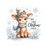 Illustration of a baby giraffe in winter clothing with snowflakes and 'My First Christmas 2025' text.