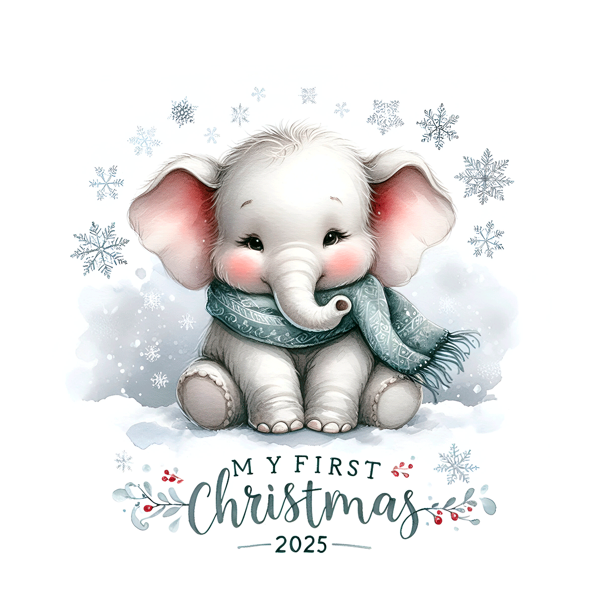 Illustration of a baby elephant wearing a scarf with snowflakes and 'My First Christmas 2025' text.