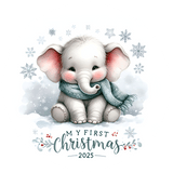 Illustration of a baby elephant wearing a scarf with snowflakes and 'My First Christmas 2025' text.