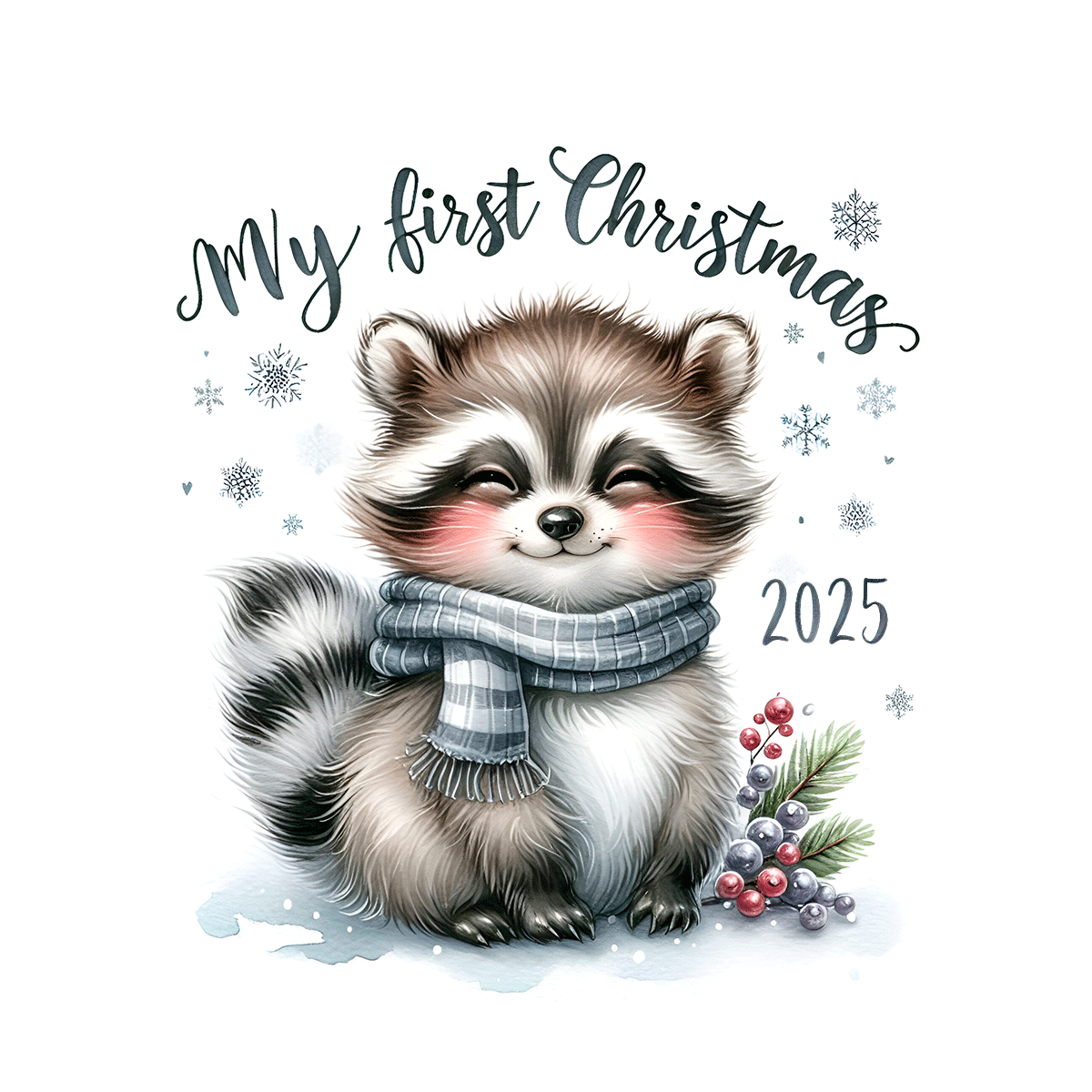 Illustration of a raccoon wearing a scarf with 'My first Christmas 2025' text on a white background.
