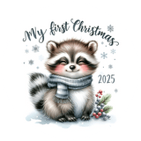 Illustration of a raccoon wearing a scarf with 'My first Christmas 2025' text on a white background.