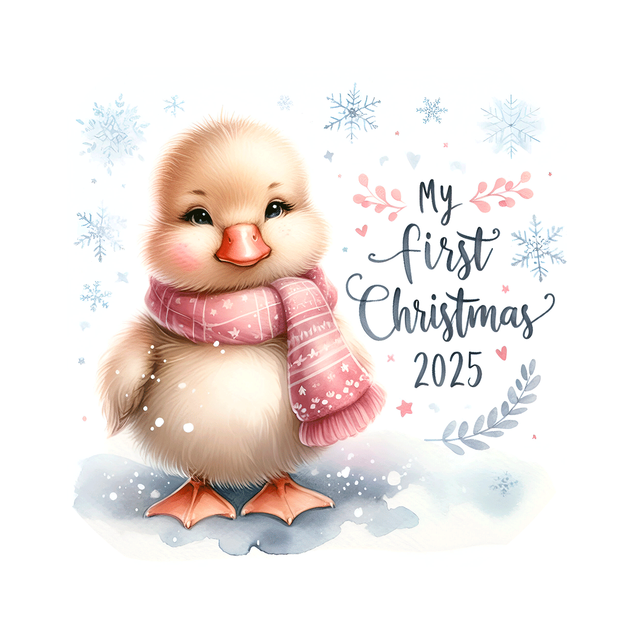 Illustration of a baby chick wearing a pink scarf with 'My First Christmas 2025' text on a snowy background.
