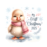 Illustration of a baby chick wearing a pink scarf with 'My First Christmas 2025' text on a snowy background.