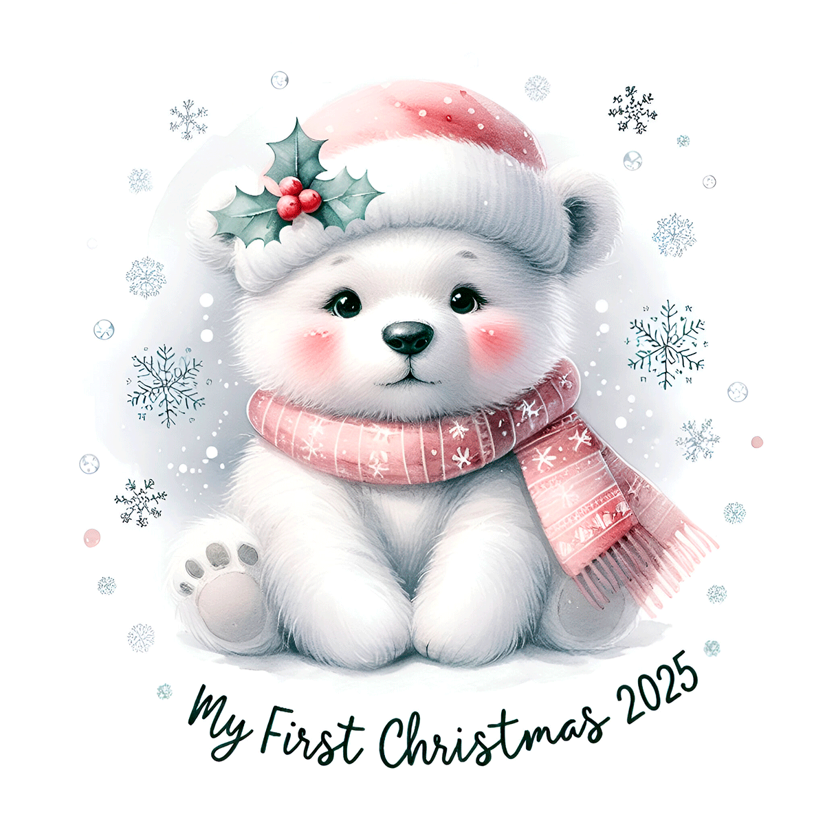 Illustration of a baby polar bear wearing a Santa hat and scarf with snowflakes and text 'My First Christmas 2025'.