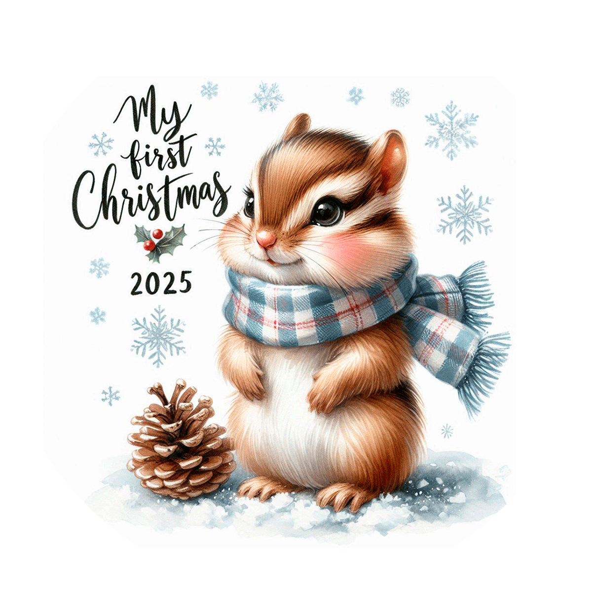 Illustration of a baby squirrel wearing a scarf with 'My first Christmas 2025' text on a snowy background.
