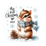 Illustration of a baby squirrel wearing a scarf with 'My first Christmas 2025' text on a snowy background.
