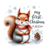 Illustration of a squirrel wearing a scarf with 'My First Christmas 2025' text and snowflakes on a white background.