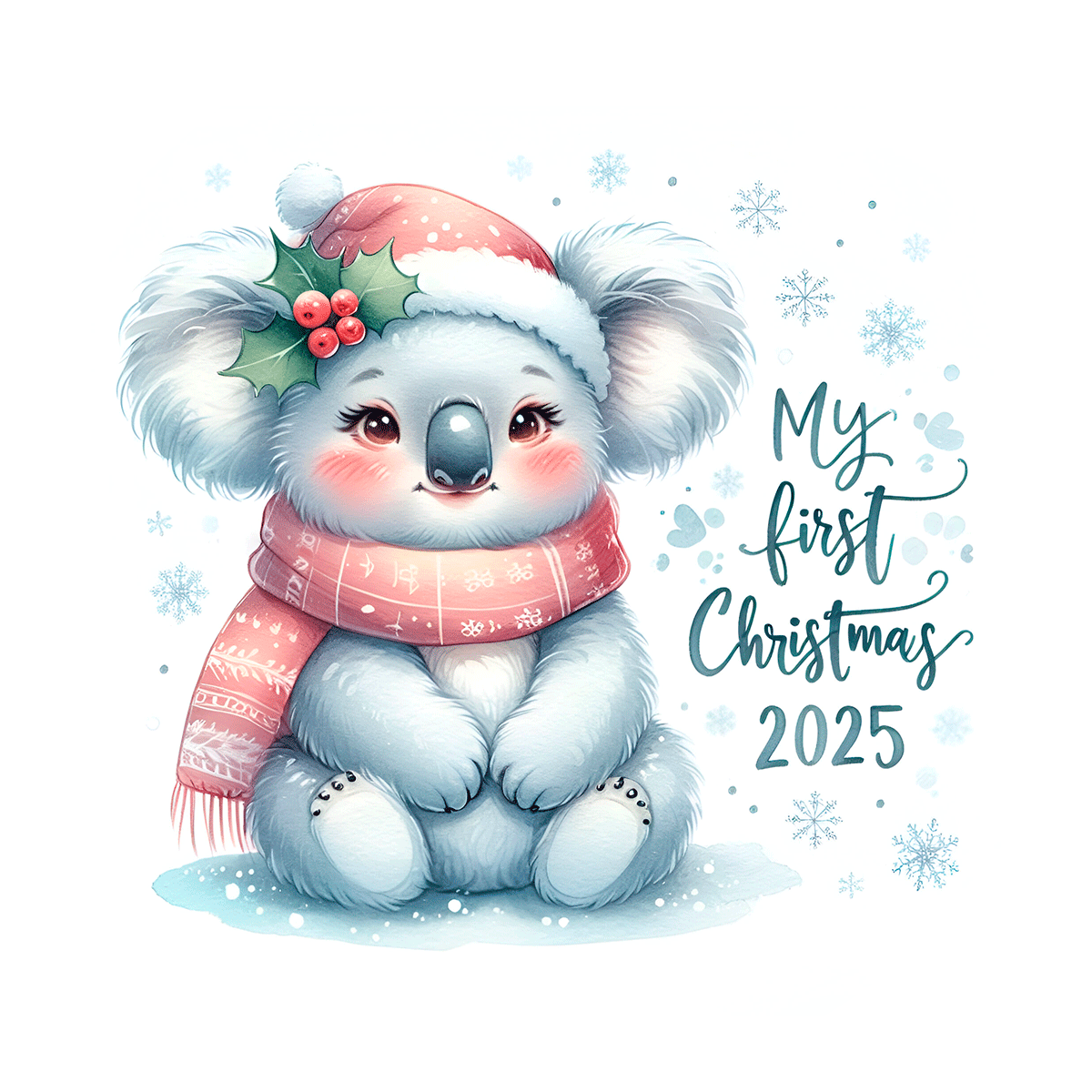 Illustration of a baby koala in a Santa hat with 'My First Christmas 2025' text on a snowy background.
