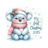 Illustration of a baby koala in a Santa hat with 'My First Christmas 2025' text on a snowy background.
