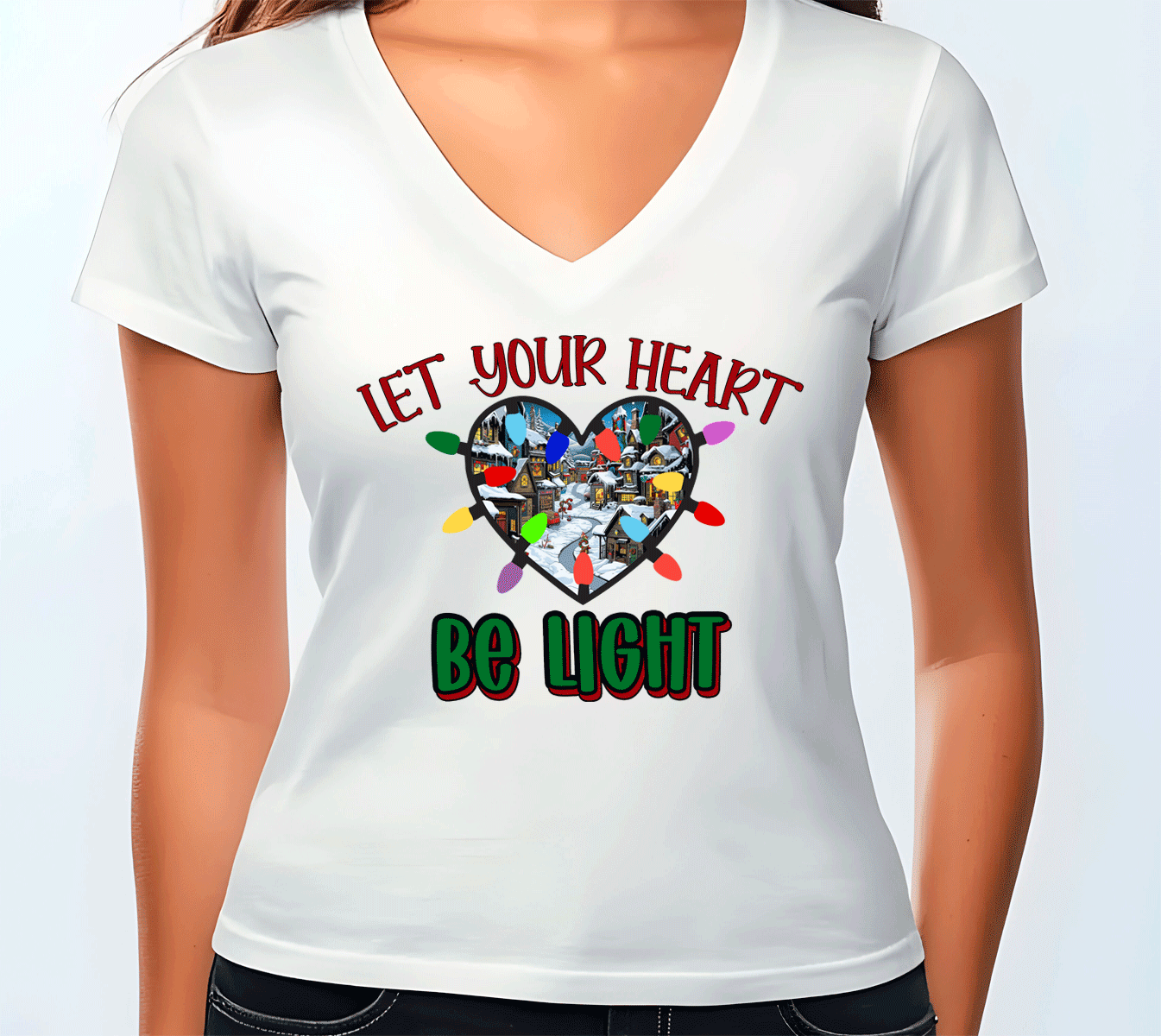 White t-shirt with a colorful heart design and text on a white background