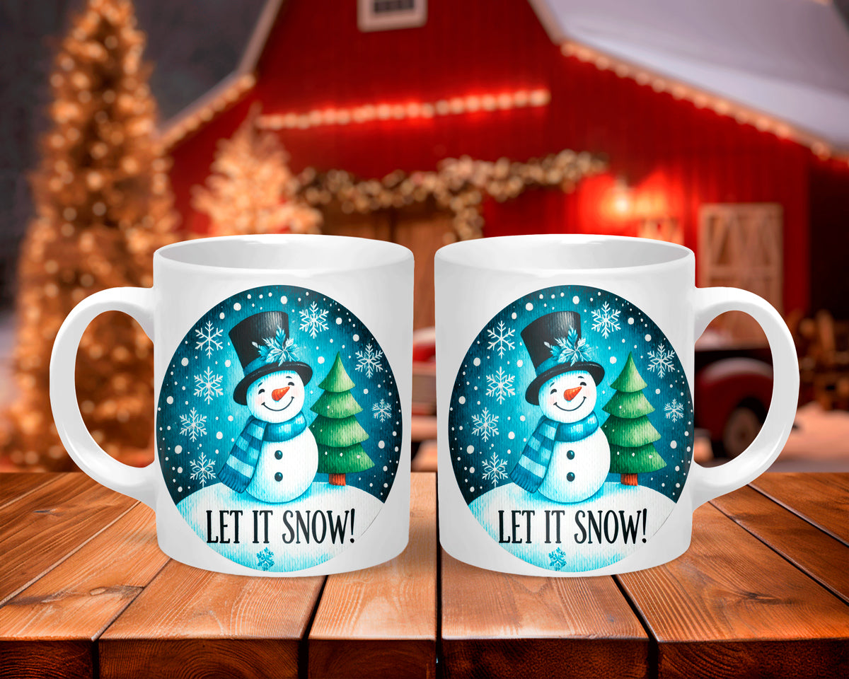 Two mugs with a snowman design and 'Let It Snow!' text on a wooden table with a festive background.