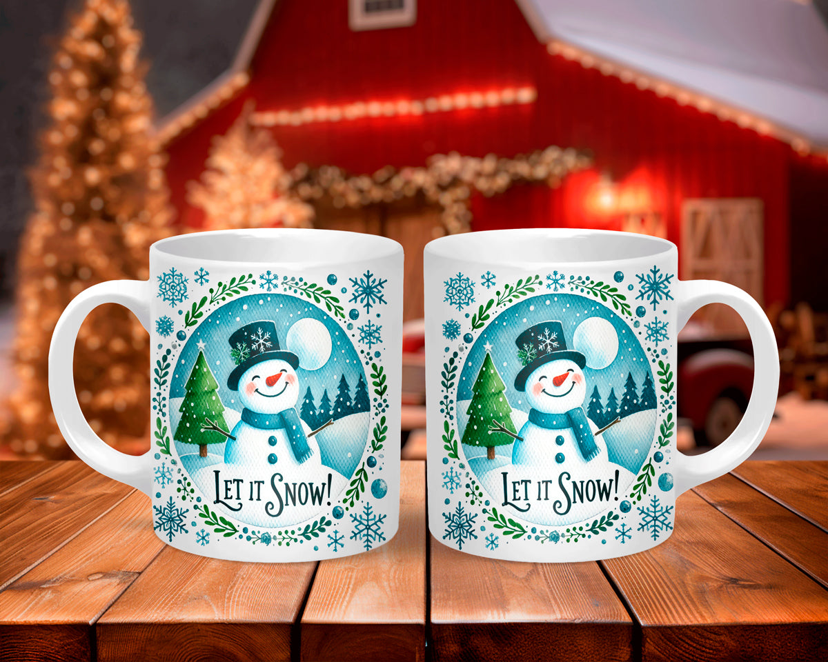 Two mugs with snowman design and 'Let it Snow!' text on a wooden surface with festive background.