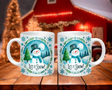 Two mugs with snowman design and 'Let it Snow!' text on a wooden surface with festive background.
