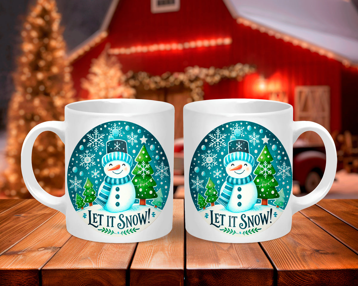 Two white mugs with a snowman design and 'Let it Snow!' text on a wooden surface.
