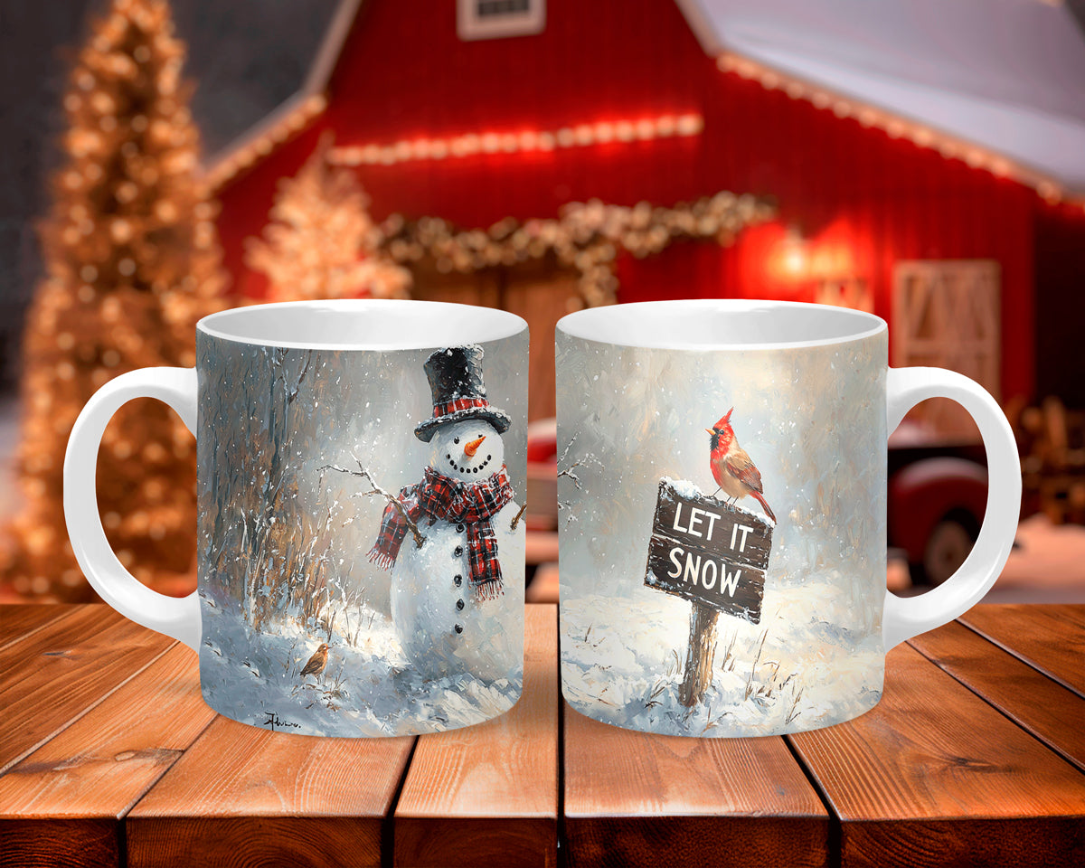 Two Christmas-themed mugs on a wooden table with a festive background.