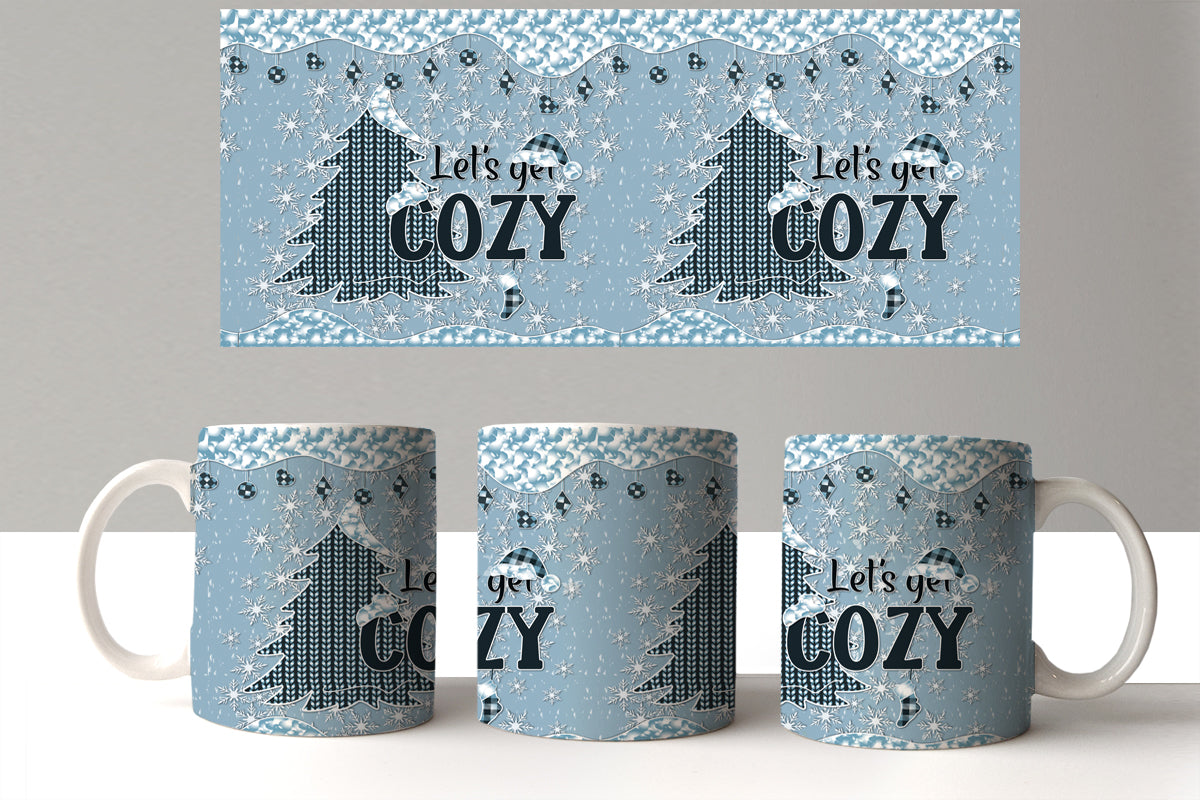 Three mugs with 'Let's get Cozy' text and tree design on a light blue background.