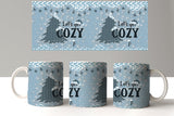 Three mugs with 'Let's get Cozy' text and tree design on a light blue background.