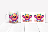 Colorful mug with a cartoon monster design on a white surface