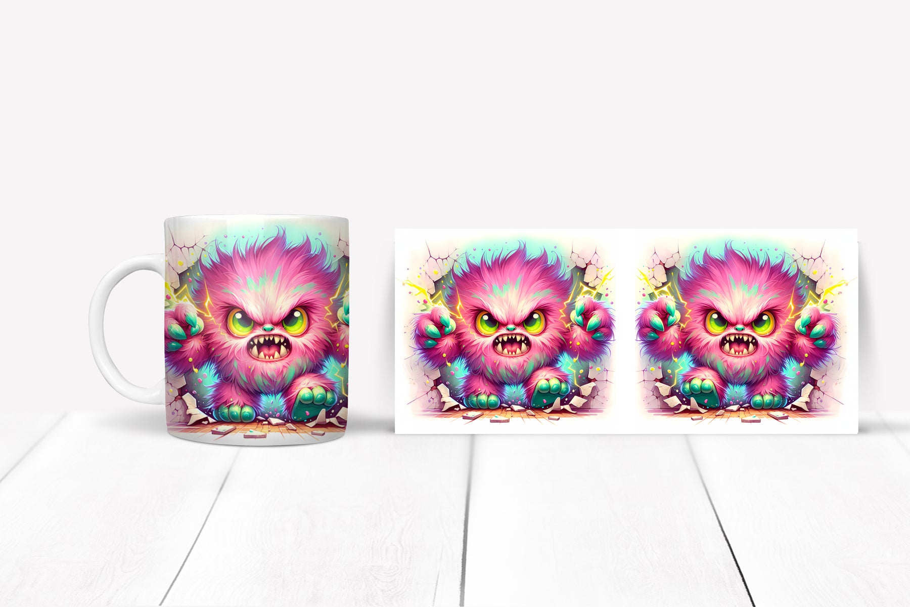 Colorful mug with a cartoon character on a white surface