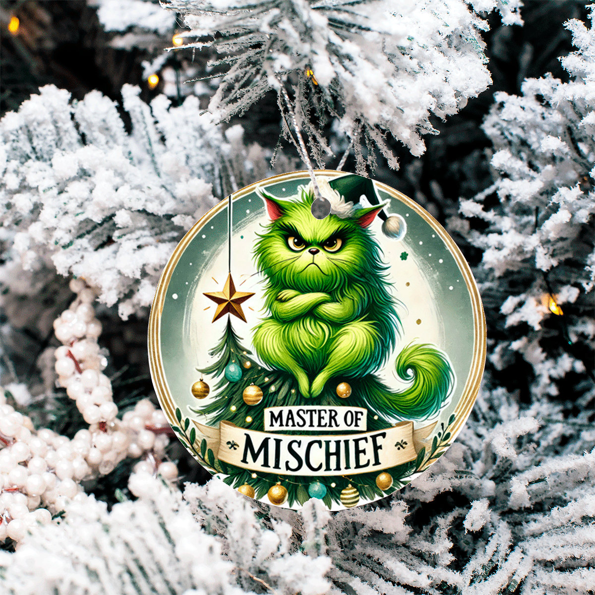 Christmas ornament with a green cat character and 'Master of Mischief' text, hanging on a decorated tree.