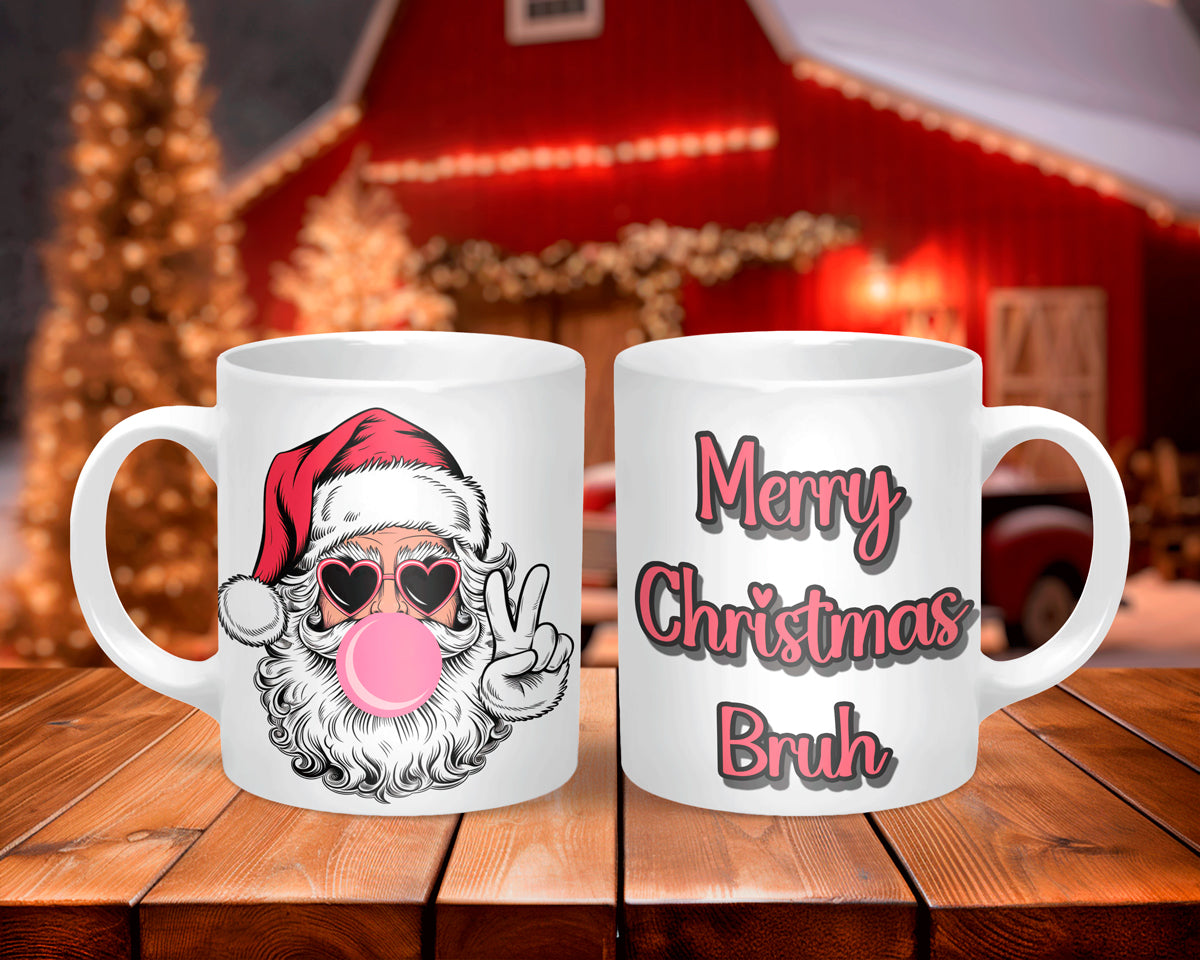 Two Christmas-themed mugs on a wooden table with a festive background.