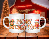Two Christmas-themed mugs with gingerbread men and Santa Claus on a wooden table.