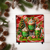 Decorative Christmas sign with festive elements on a white wooden background.