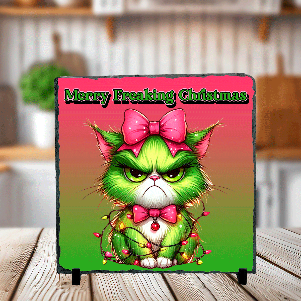Merry Freaking Christmas Angry Cat Sublimated Square Photo Slates
