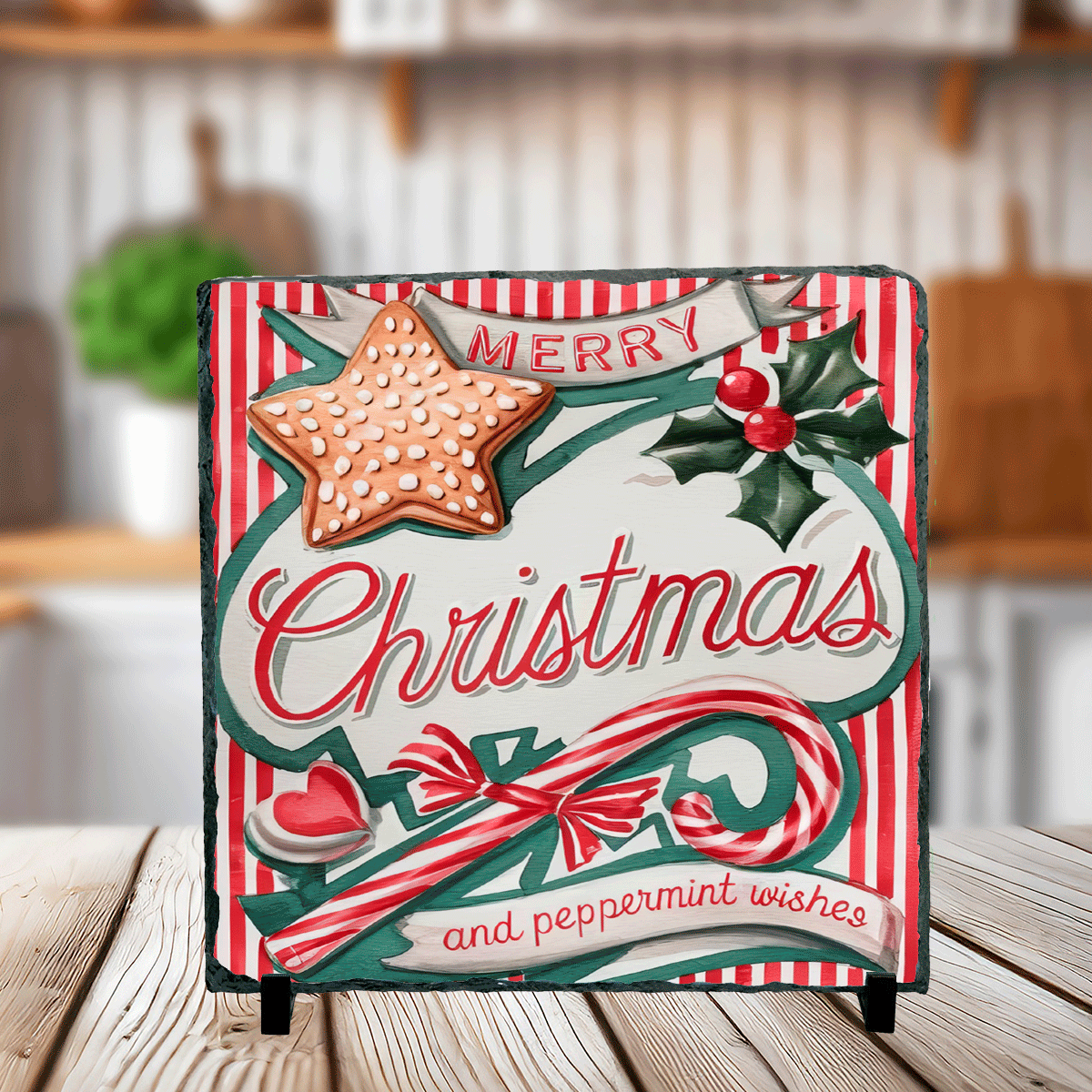 Decorative Christmas photo  slate with candy cane, star, and holly on a wooden surface.