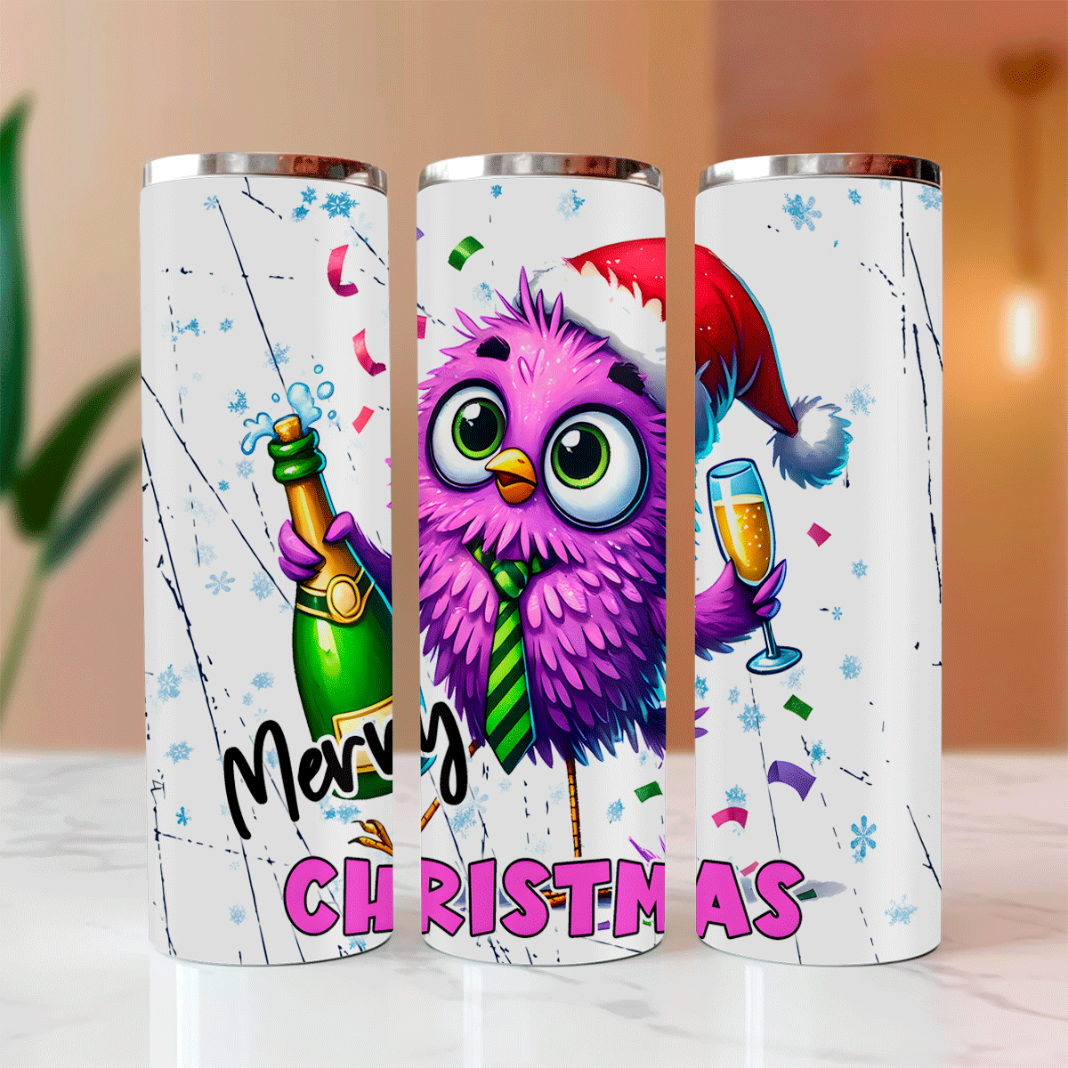 Merry Christmas Crazy Bird Sublimated Skinny Tumblers
