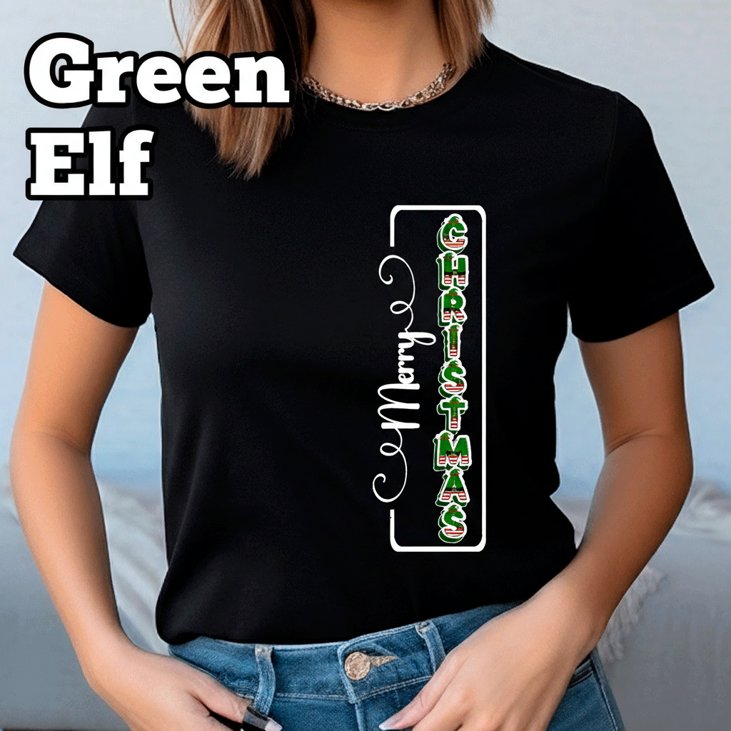 Person wearing a black t-shirt with 'Merry Christmas' design.